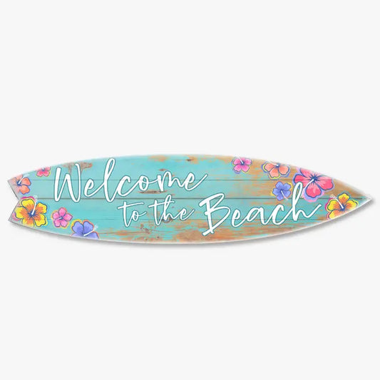 SURF BOARD WALL ACCENT WELCOME TO THE BEACH TEAL HIBISCUS