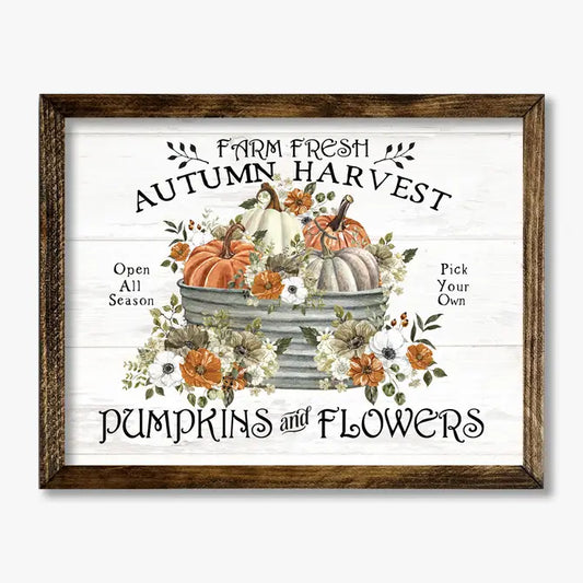 TIMBERLAND FRAME AUTUMN HARVEST PUMPKINS AND FLOWERS